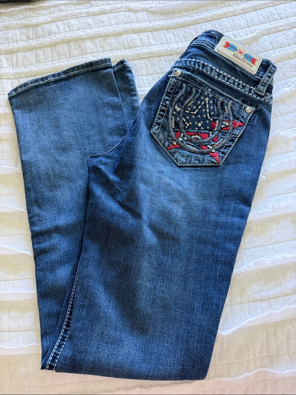 Grace Women's Blue Straight Leg Jeans with Red & White Embroidered Pocket